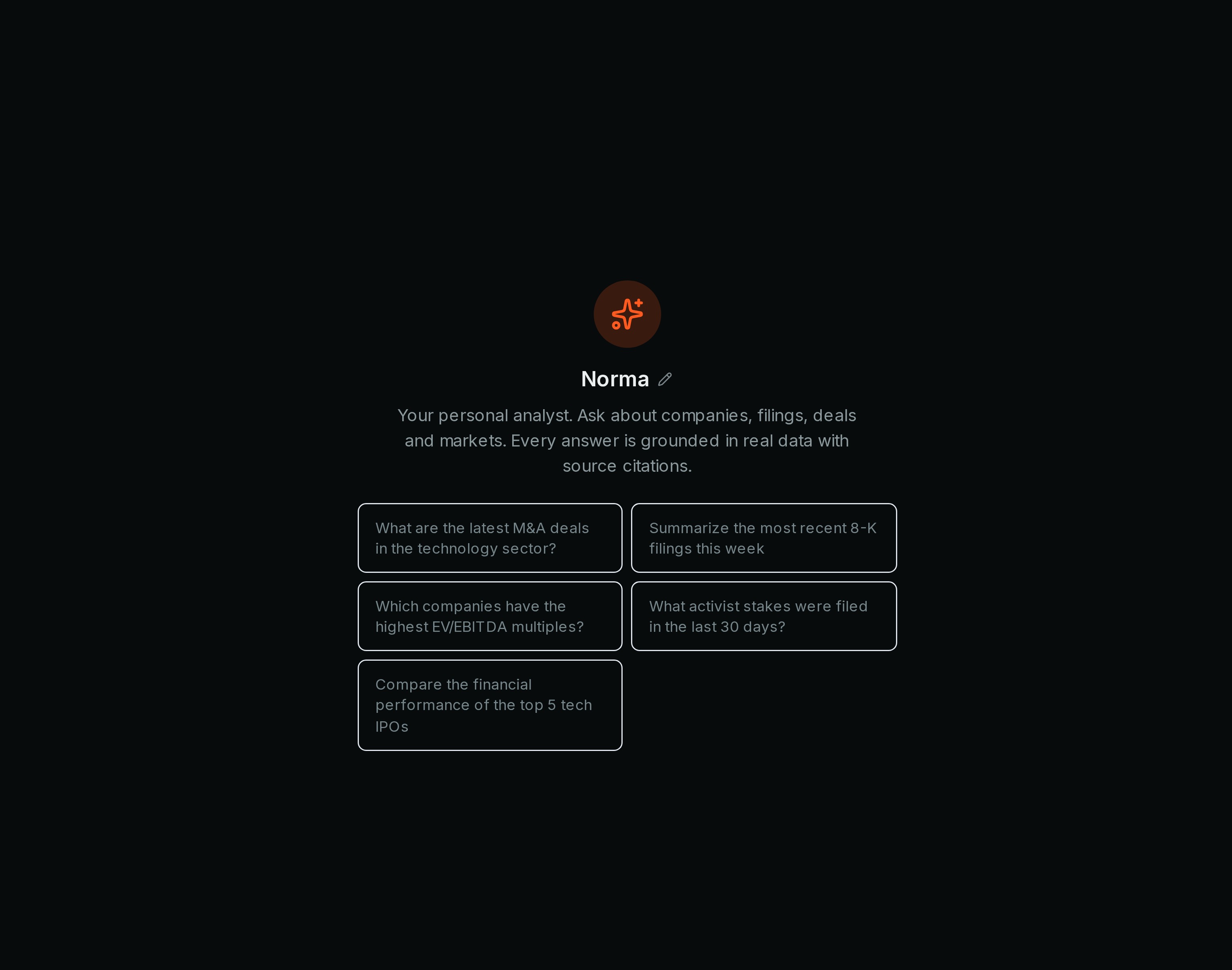 Question screen in the Norma QI platform, with example questions about deals, filings and companies.