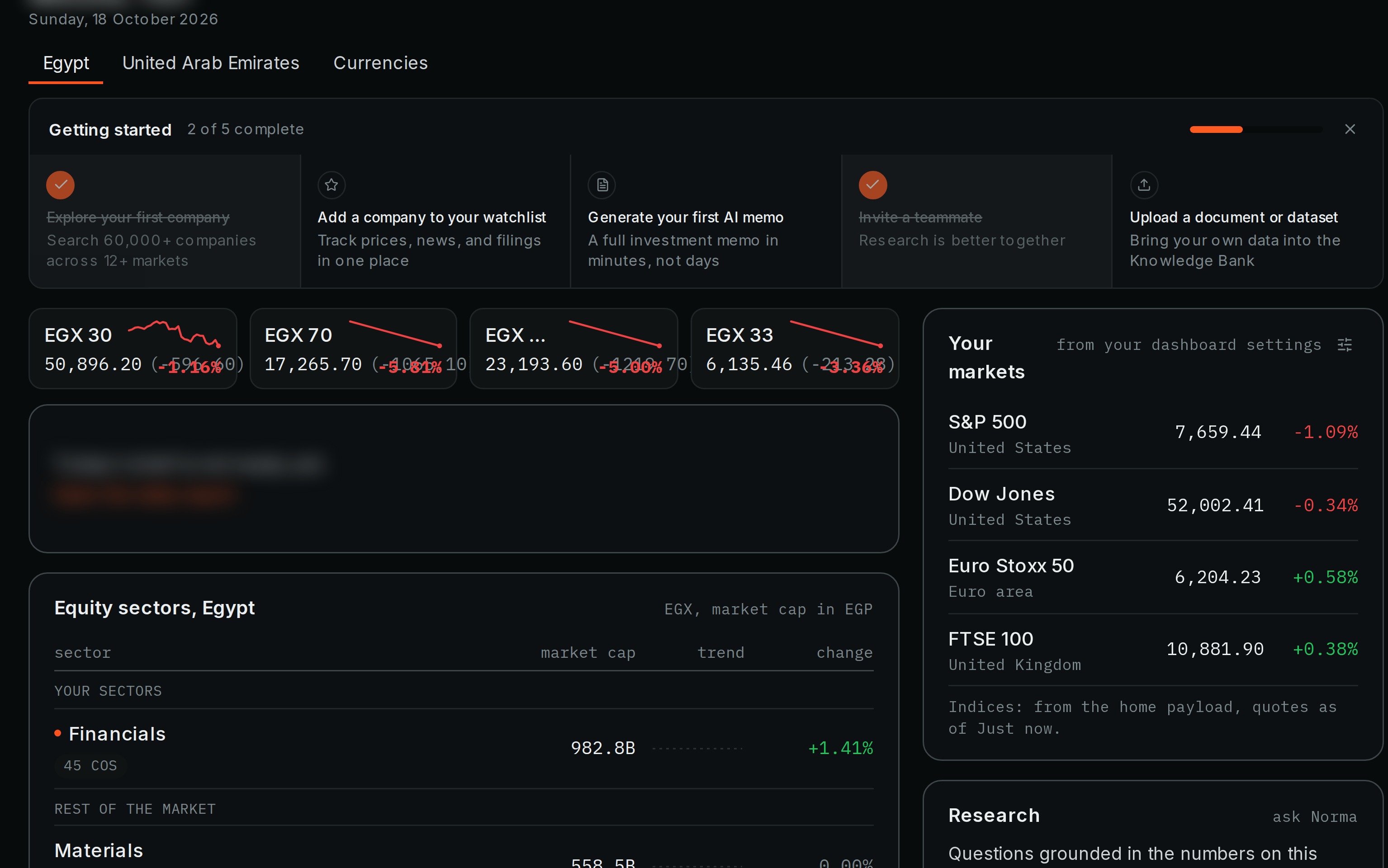 Dashboard in the Norma QI platform, with market indices, sectors and research questions.