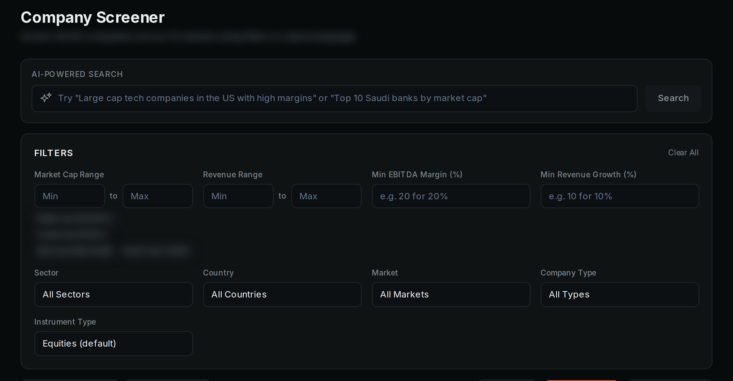 Company screener in the Norma QI platform, with filters for size, sector, country and market.
