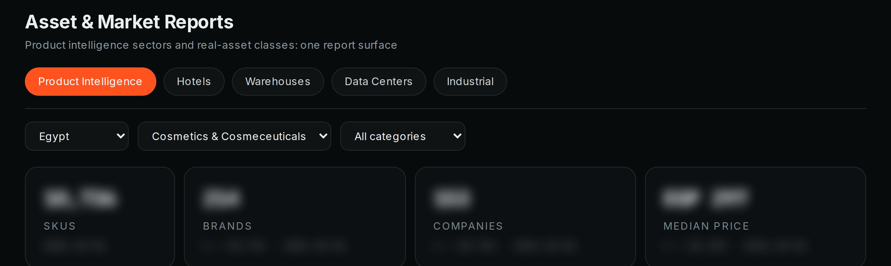 Asset and market reports in the Norma QI platform, with report types for products, hotels, warehouses, data centres and industrial. Figures are blurred.